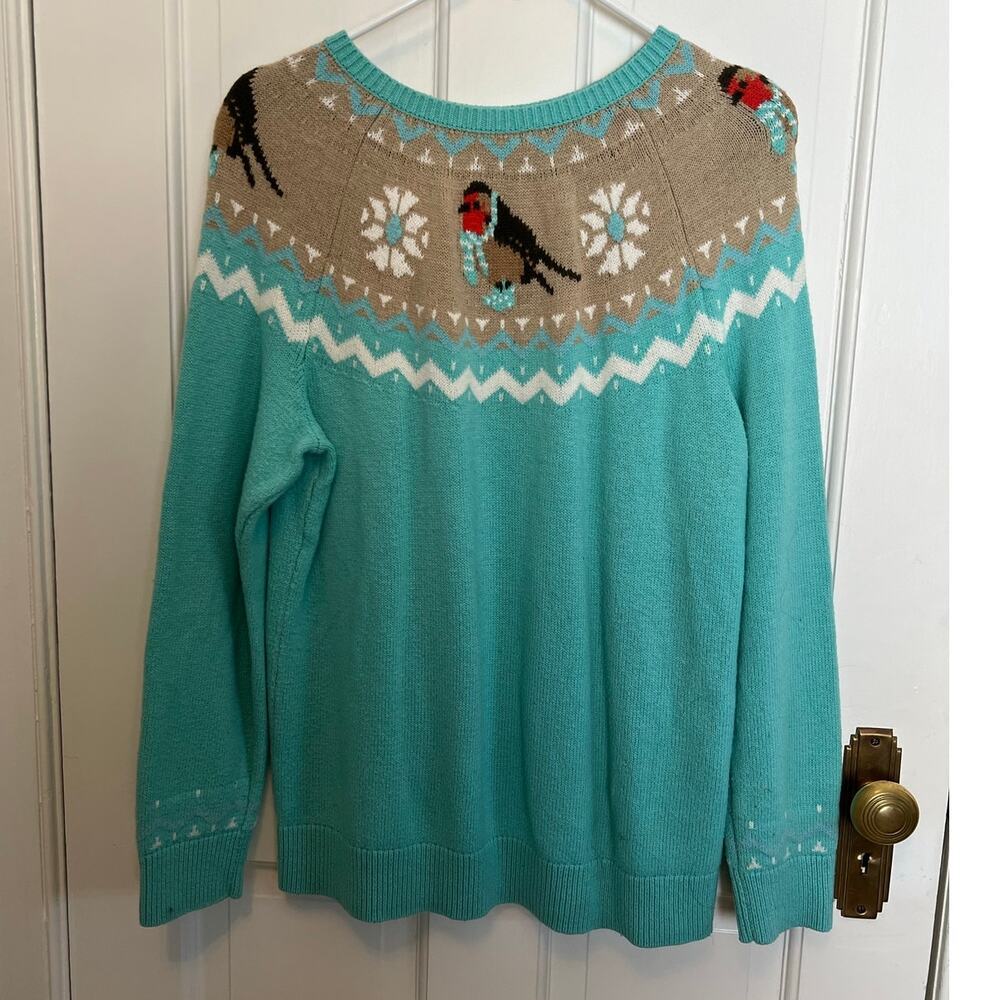 Talbots Snow Bird Print Sweater Lambswool Blend Fair Isle Teal Crew Women's XL